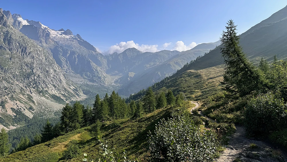 Sentier en balcon au-dessus du Val Ferret, face aux sommets du massif du Mont-Blanc.